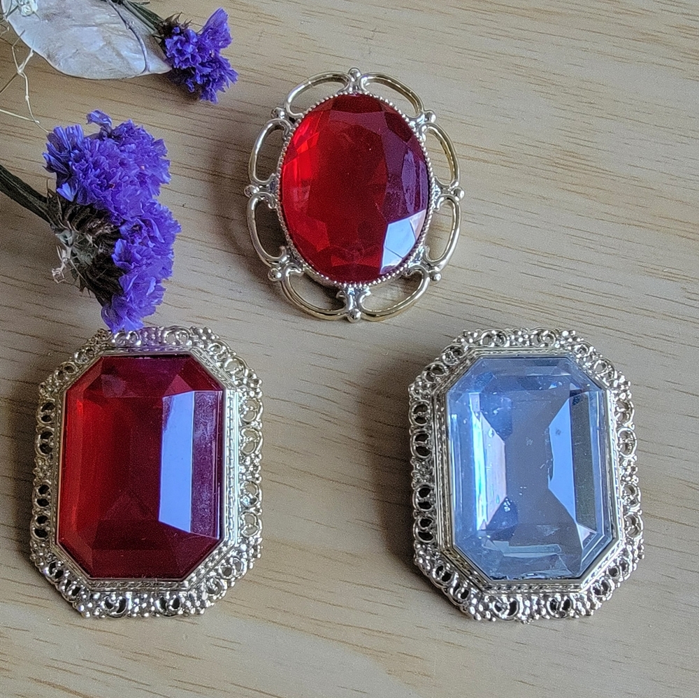 Vintage Red and White Rhinestone Costume Brooch Set